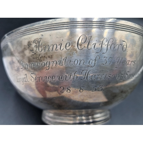 111 - A Victorian silver Bowl with reeded rim and presentation inscription, London 1897, 335gms, and a pla... 