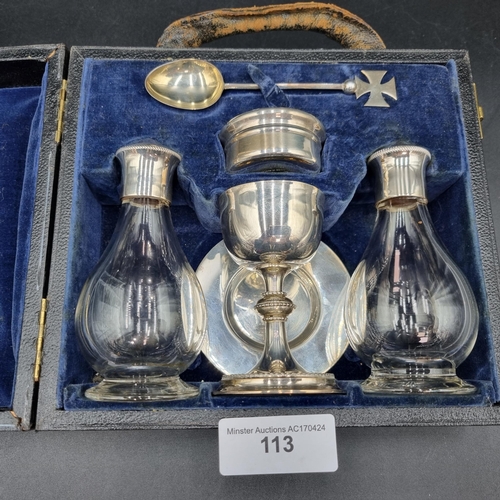 113 - A Victorian silver Travelling Communion Set, viz: wafer box and tray, goblet, two silver lidded glas... 