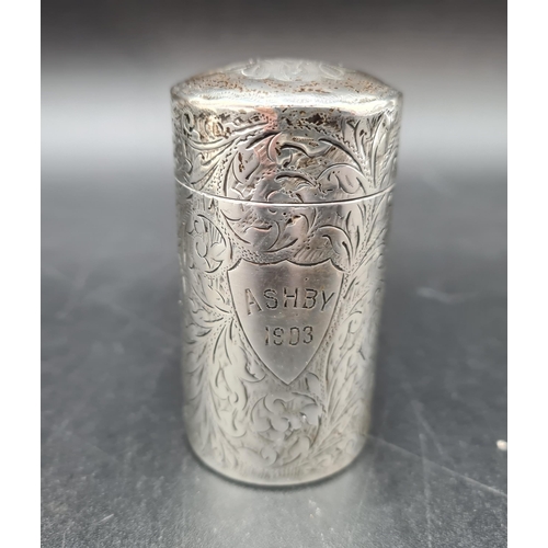 138 - A Victorian silver cylindrical Scent Bottle with  leafage scroll engraving, Birmingham 1899, and a p... 