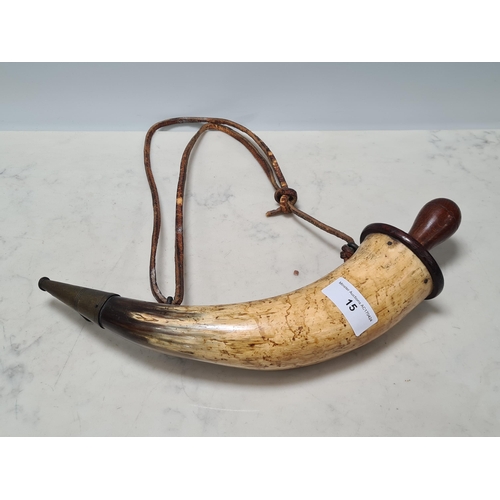 15 - An antique horn Shot Flask with brass release clip and turned screw filler cap 1ft 3in L (R2)