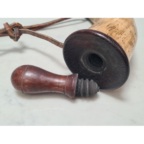 15 - An antique horn Shot Flask with brass release clip and turned screw filler cap 1ft 3in L (R2)