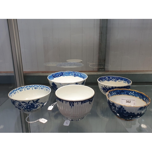 302 - A Caughley Bowl printed blue and white and gilt detail4 1/4in, a larger Bowl with fluted body, 6in D... 