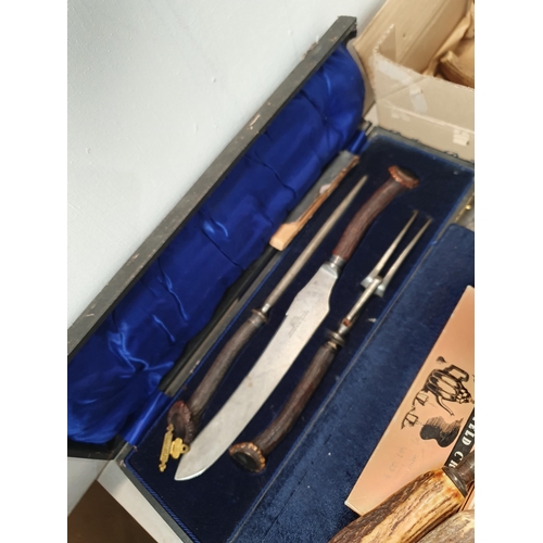 313 - A quantity of Plated Cutlery, a set of Six cased silver handled Knifes, and antler handled Carving S... 