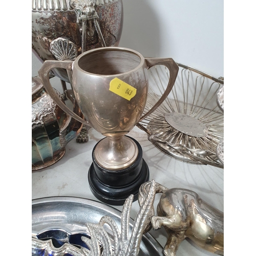 339 - A large quantity of plated items including a Teapot, large circular pierced Tray, assorted Goblets, ... 