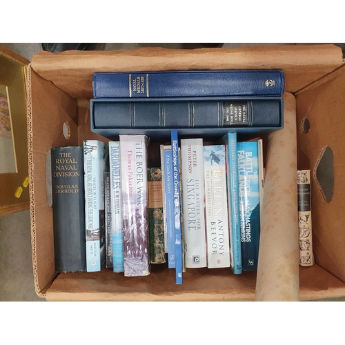 347 - A box of military Books including 2 Vols. Royal Navy Medal Role Call and an unframed Robert Taylor P... 