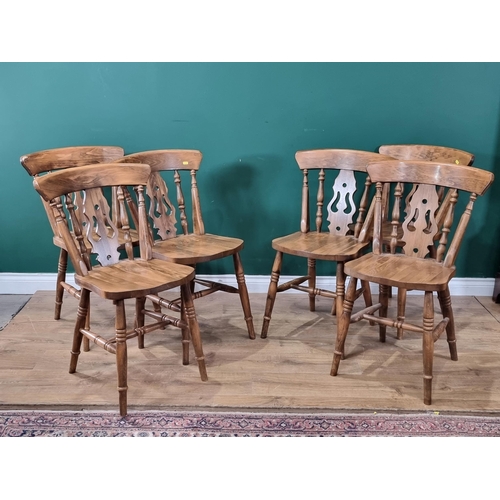 38 - A set of Six modern pierced splat back Kitchen Chairs on turned supports and stretchers. (R4).