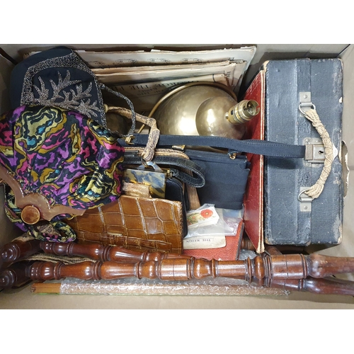 383 - Two boxes containing Fans, Dressing Table Items, a pair of brass Lamps, Purses, etc