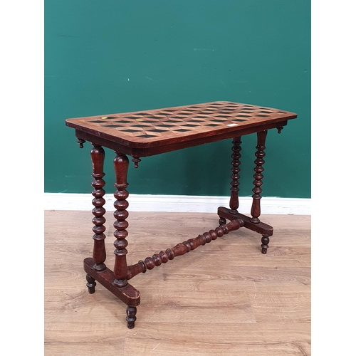 4 - A 19th Century Side Table with parquetry top on turned supports and stretcher, 2ft 11in (R2)