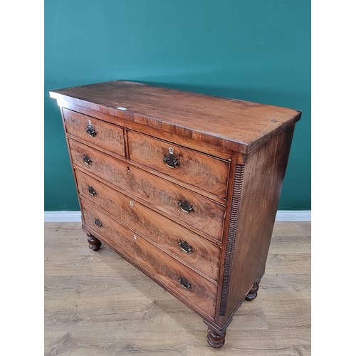 41 - A 19th Century flamed mahogany Chest of two short, three long Drawers raised on turned feet, A/F, 46... 