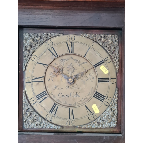 421 - An 18th Century oak Longcase Clock with square brass dial inscribed Rees Williams, Cwm Usk, with 30 ... 