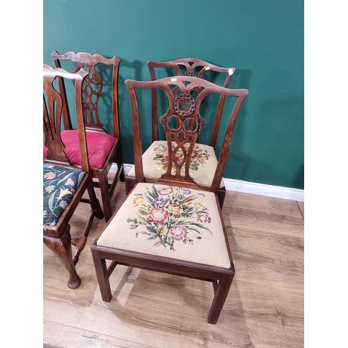 432 - A pair of mahogany splat back Dining Chairs with floral upholstered seats on square supports, anothe... 