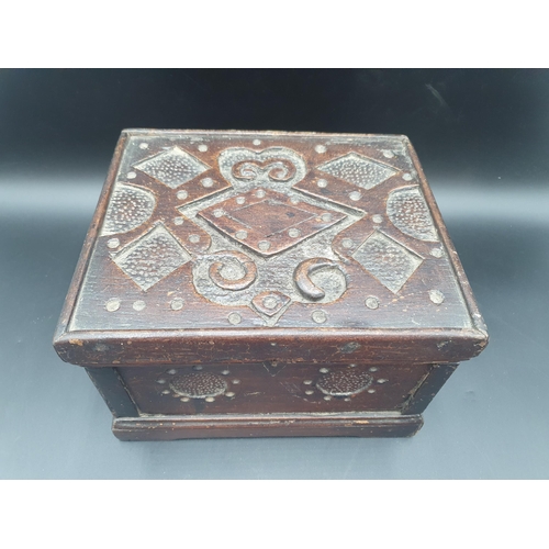 447 - A Folk Art oak small Box with stylised lozenge and roundel carving, 9in, and a Victorian mahogany Te... 