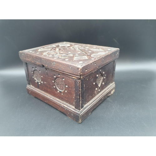 447 - A Folk Art oak small Box with stylised lozenge and roundel carving, 9in, and a Victorian mahogany Te... 