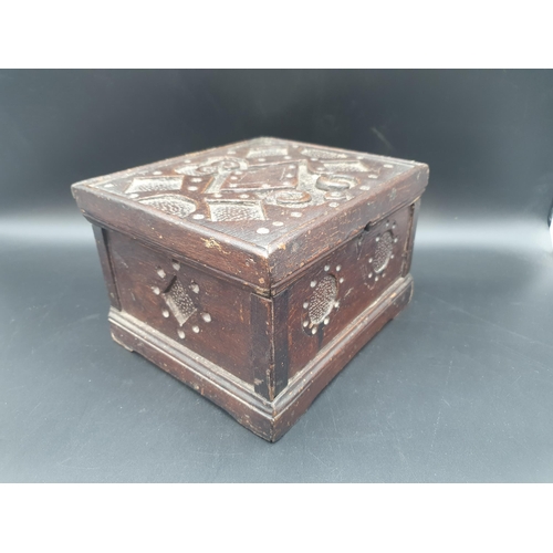 447 - A Folk Art oak small Box with stylised lozenge and roundel carving, 9in, and a Victorian mahogany Te... 