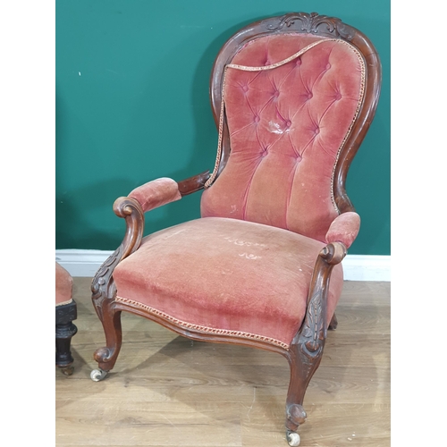 471 - Two Victorian mahogany framed spoon back Nursing Chairs both in pink upholstery, A/F. (R3)