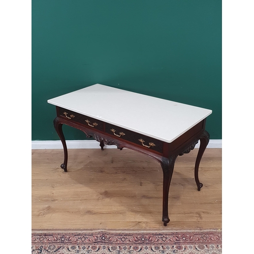 472 - A two drawer Desk/Side Table with associated modern marble top, the drawers above scrolled frieze ra... 