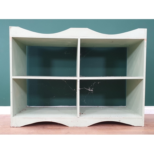 488 - A green painted open Shelving Unit with shaped raised gallery top and shaped plinth base, 3ft High x... 