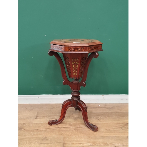 5 - A Victorian Walnut Trumpet Sewing/Work Table, the hinged lid with inlaid floral decorations enclosin... 