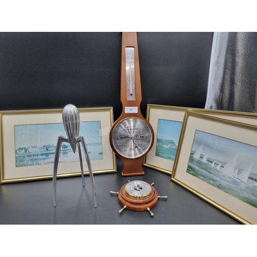 51 - Two modern Barometers, a designer Lemon Squeezer and three coloured prints of The Solent, etc (R3)