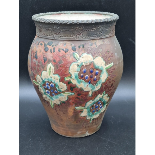 59 - Two Eeles Raku style pottery Vases, one with floral decoration in coloured enamels, 9in, stamped SE,... 