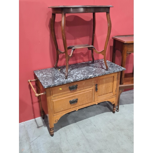 591 - A marble topped satinwood Washstand with two fitted drawers and single cupboard door, above scrolled... 