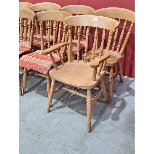 592 - A set of eight beech Spindle back Dining Chairs, two Carvers and six Singles. (R2).