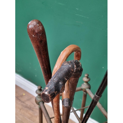 628 - A brass Stick/Umbrella Stand and six assorted Walking Sticks one with Dogs Head Handle. (R7).