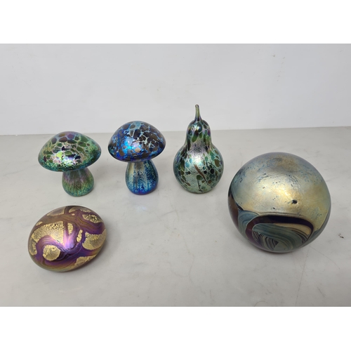 64 - Five Isle of Wight Glass Paperweights in the form of mushrooms, pear, etc