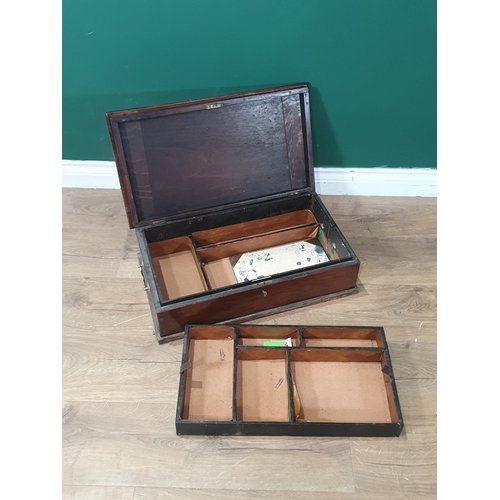 665 - An oak storage Box with interior lift-out tray with pair of brass carry handles and key, 6in H x 22i... 