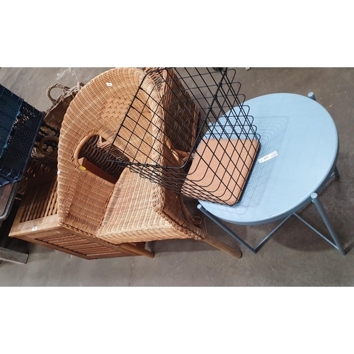 684 - A wooden Laundry Box, a wicker Elbow Chair, a Waste Paper Bin and an Ikea Coffee Table. (R8).