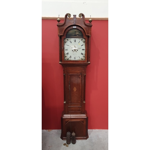 690 - A 19th Century oak Longcase Clock, the arched dial painted rural landscapes, Worcester maker, eight ... 