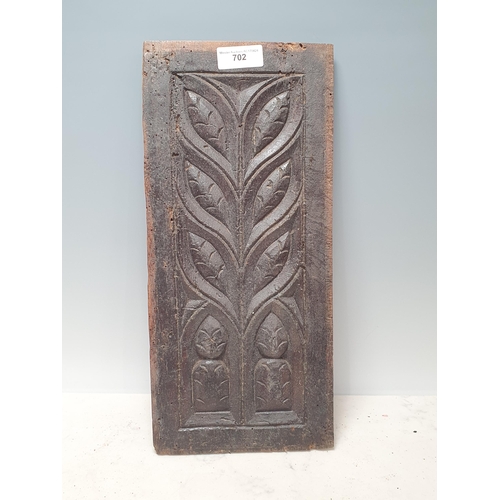 702 - An antique oak carved Panel with leafage designs, A/F, 17in H x 8in W, (R11)