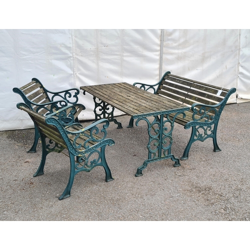 71 - A green painted cast and slatted Garden Set comprising of two-seater Bench, a Table and pair of Chai... 