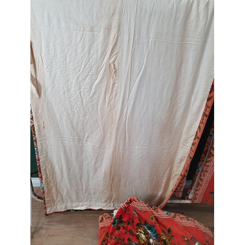 735 - Five pairs of Curtains, with designs of birds and flowers on a red ground, each panel 9ft L x 3ft 8i... 