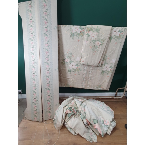 745 - A pair of floral lined Curtains 6ft 11in L x 6ft W, another Curtain of the same design, 6ft 11in L x... 