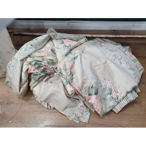 745 - A pair of floral lined Curtains 6ft 11in L x 6ft W, another Curtain of the same design, 6ft 11in L x... 