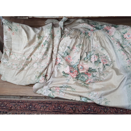 745 - A pair of floral lined Curtains 6ft 11in L x 6ft W, another Curtain of the same design, 6ft 11in L x... 