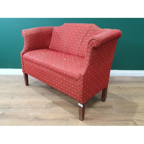 749 - A small red upholstered Settee with shaped back and scrolled arms, 3ft 9in W (R8)