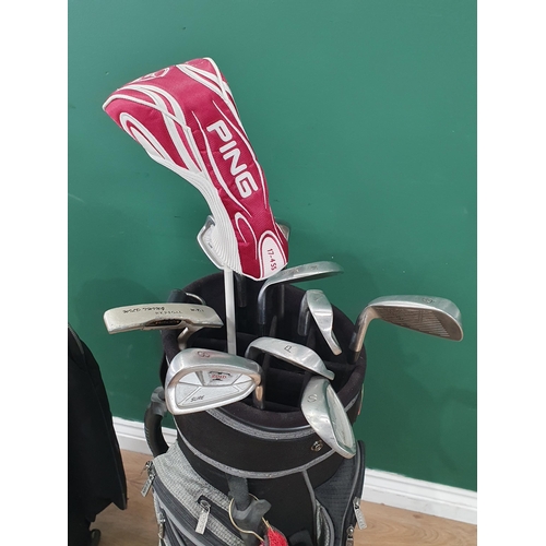 90 - A small set of right handed Golf Clubs in bag, another Golf Bag, Visors, and a pair of size 7 Golf S... 