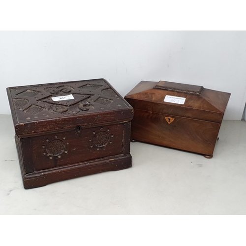 447 - A Folk Art oak small Box with stylised lozenge and roundel carving, 9in, and a Victorian mahogany Te... 