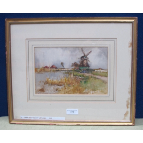 513 - FREDERICK HENRY MASON. A Windmill by a lake, signed, watercolour, 7 1/2 x 11 in