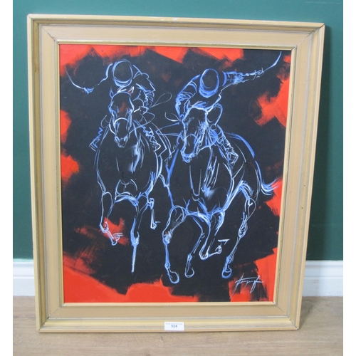 524 - JACQUIE JONES. 'Neck and Neck'- jockeys riding a Finish, signed, oil and mixed media on canvas, 24 x... 