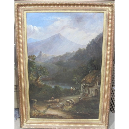 535 - ENGLISH SCHOOL, LATE 19th CENTURY. A mountainous lake landscape with with figures by a Cottage, oil ... 