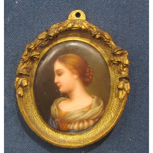 562 - CONTINENTAL SCHOOL. Miniature Portrait of a Lady, quarter-length, on porcelain, 2 x 1 1/2 in