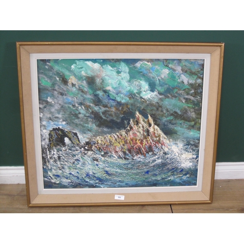 565 - ESMOND KNIGHT.'The armed Knight and Innis Dudman, Lands End', signed, oil on canvas board, 24 1/2 x ... 