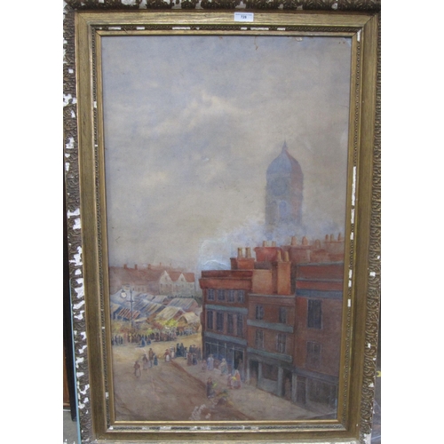 728 - ENGLISH SCHOOL CIRCA 1900. A street scene with Figures and Market, possibly Derby, 43 x 24 1/2 in; t... 