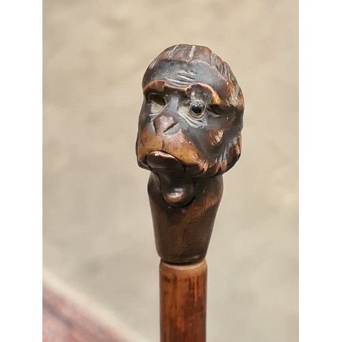 295 - A Walking Cane with carved monkey head handle with moving jaw, an antler handles Cane and another Th... 