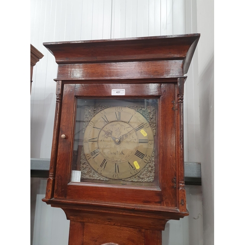 421 - An 18th Century oak Longcase Clock with square brass dial inscribed Rees Williams, Cwm Usk, with 30 ... 