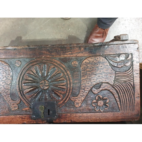 629 - An Antique oak Coffer with carved Cockerel front panel and strap hinges, A/F (With some Repairs), 14... 