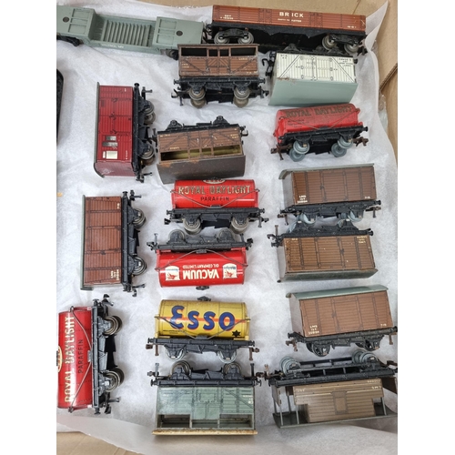 1066 - Hornby Dublo, over 25 2 and 3-rail Wagons including buff 'Esso' Tank, 2x LMS Cattle Truck, together ... 